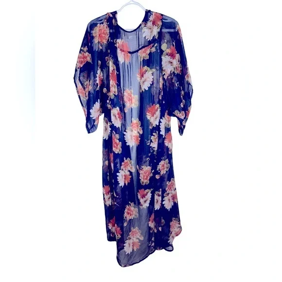 Band Of Gypsies Women's Navy Sheer‎ Pastel Floral Kimono Sleeve Duster Top Small - Picture 2 of 5